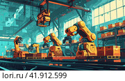 Illustration of industrial robots working. Стоковое AI-изображение, AI-художник Кирилл Черезов / Фотобанк Лори
