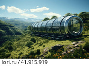 Hydrogen pipe with gauge on a background of H2 factory using renewable energy. Green hydrogen production concept. Стоковое AI-изображение, AI-художник Ирина Михайличенко / Фотобанк Лори