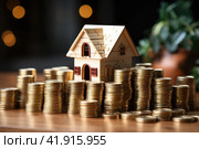 Stack coins and house model on wooden table white wall background. Concept of money management for mortgage loan, fed increase interest rate, real estate price increase. Стоковое AI-изображение, AI-художник Ирина Михайличенко / Фотобанк Лори
