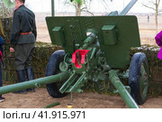 Военная реконструкция, дивизионная пушка ЗИС-3 на замаскированной огневой позиции , эпизод Сталинградской битвы. Волгоградская область, Средняя Ахтуба, Россия. (2020 год). Стоковое фото, фотограф Андрей Цыганков / Фотобанк Лори