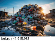 Garbage dump made of plastic bottles. Significant pile of domestic waste emphasizing the pressing environmental issue of overconsumption and subsequent waste generation. Стоковое AI-изображение, AI-художник Ирина Михайличенко / Фотобанк Лори