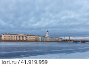 View of the winter, icy Neva embankment with the building of the Kunstkammer Museum in winter St. Petersburg. Ice on the Neva River in St. Petersburg at sunset in winter. Редакционное фото, фотограф Дмитрий Пресняков / Фотобанк Лори