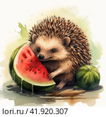 A drawing of a cute hedgehog eating a slice of watermelon,Generative AI. Стоковое AI-изображение, AI-художник Анна Кривицкая / Фотобанк Лори