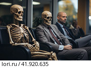 Skeletons sitting in a waiting room. Hospital, clinic, dental office. Waiting kills. Стоковое AI-изображение, AI-художник Ирина Михайличенко / Фотобанк Лори