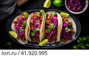 Row of Mexican street Tacos on slate with carne asada and al pastor in corn tortilla. Стоковое AI-изображение, AI-художник Ирина Ручушкина / Фотобанк Лори