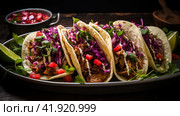 Row of Mexican street Tacos on slate with carne asada and al pastor in corn tortilla. Стоковое AI-изображение, AI-художник Ирина Ручушкина / Фотобанк Лори