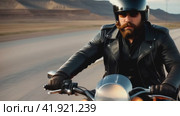 Adrenaline on the road, a man on a motorcycle in a leather jacket. Стоковое AI-видео, аниматор Юрий Поздников / Фотобанк Лори