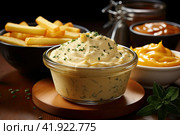 Close up French fries bakes with cheese, serve hot, final touch by litter bit of chili powder and coriander leaf. Стоковое AI-изображение, AI-художник Ирина Михайличенко / Фотобанк Лори