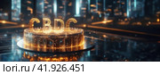 Central Bank Digital Currency CBDC platform. Futuristic modern night lights of cyber city background. Illuminated golden letters floating above a high-tech platform in a digital cityscape. Стоковое AI-изображение, AI-художник Ольга Сухарева / Фотобанк Лори