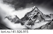 Black and white picture of the everest mountain.Generative AI. Стоковое AI-изображение, AI-художник Анна Кривицкая / Фотобанк Лори