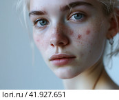 Портрет крупным планом красивой девушки европейской внешности с проблемной кожей лица. Стоковое AI-изображение, AI-художник Екатерина Абрамова / Фотобанк Лори