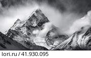 Black and white picture of the everest mountain.Generative AI. Стоковое AI-изображение, AI-художник Анна Кривицкая / Фотобанк Лори