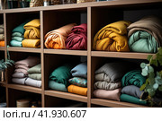 Wardrobe after decluttering and putting in order, storage system for clothes, folded on shelves and hanging on racks. Стоковое AI-изображение, AI-художник Ирина Михайличенко / Фотобанк Лори