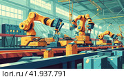 Illustration of industrial robots working. Стоковое AI-изображение, AI-художник Кирилл Черезов / Фотобанк Лори