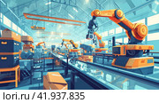 Illustration of industrial robots working. Стоковое AI-изображение, AI-художник Кирилл Черезов / Фотобанк Лори