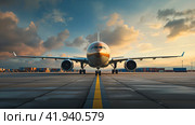 Passenger plane standing on the runway in the evening. Стоковое AI-изображение, AI-художник Кирилл Черезов / Фотобанк Лори