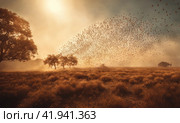 Migratory locust swarm. Locusta migratoria. Acrididae. Oedipodinae. Agriculture and pest control. AI. Стоковое AI-изображение, AI-художник Sergey Grishin / Фотобанк Лори