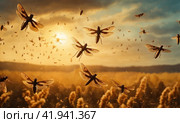 Migratory locust swarm. Locusta migratoria. Acrididae. Oedipodinae. Agriculture and pest control. AI. Стоковое AI-изображение, AI-художник Sergey Grishin / Фотобанк Лори