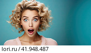 A blonde girl with a surprised look and an open mouth looks at the camera. The concept of strong surprise. Generated by AI. Стоковое AI-изображение, AI-художник Ярославский Максим / Фотобанк Лори