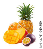 Tropical fruit mango, orange, pineapple, passion fruit isolated. Стоковое фото, фотограф Катерина Ковалева / Фотобанк Лори