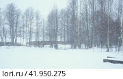 Heavy snowfall. Beautiful forest landscape of snow and blurred trees. Gently falling snow flakes. Bad snowy weather cold day. Winter nature background. Nobody, No People, Super Slow motion. Snowstorm. Стоковое видео, видеограф Марина Демидюк / Фотобанк Лори