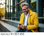 A very surprised man with a beard reads an unexpected message on his smartphone on a bright yellow background. Стоковое AI-изображение, AI-художник Ярославский Максим / Фотобанк Лори