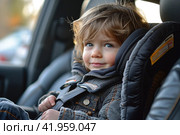 Toddler safely strapped in a child car seat. Стоковое AI-изображение, AI-художник Юрий Поздников / Фотобанк Лори