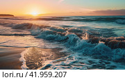 The foamy waves of the sea at sunset impress with their beauty. Стоковое AI-изображение, AI-художник Юрий Поздников / Фотобанк Лори