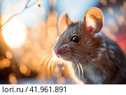 Little rat pet sitting outdoors among autumn natural blurred background. Cute surprised mouse walking outside. Soft focus. Side view of Rattus animal with funny face. Winter sunset light. Стоковое AI-изображение, AI-художник Евгений Демидюк / Фотобанк Лори