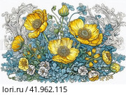 Yellow Trollius still life, illustration, watercolor style, Generative AI. Стоковое AI-изображение, AI-художник Анна Кривицкая / Фотобанк Лори