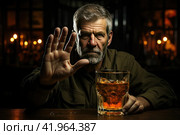 Man refuses say no and avoid to drink an alcohol whiskey , stopping hand sign male, alcoholism treatment, alcohol addiction, quit booze, Stop Drinking Alcohol. Refuse Glass liquor, unhealthy. Стоковое AI-изображение, AI-художник Ирина Михайличенко / Фотобанк Лори