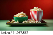 A tray with a large bag of popcorn on a tray on a red background. The concept of watching a movie. Стоковое AI-изображение, AI-художник Ярославский Максим / Фотобанк Лори