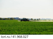 tractor with the help of a sprayer sprays liquid fertilizers on young wheat in the field. Стоковое фото, фотограф Леонид Еремейчук / Фотобанк Лори