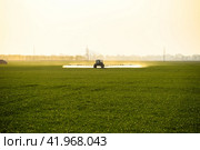 tractor with the help of a sprayer sprays liquid fertilizers on young wheat in the field. Стоковое фото, фотограф Леонид Еремейчук / Фотобанк Лори