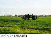 tractor with the help of a sprayer sprays liquid fertilizers on young wheat in the field. Стоковое фото, фотограф Леонид Еремейчук / Фотобанк Лори
