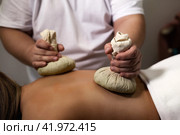 Relaxing spa massage of back with herbal compresses bag Thai method. Close up of hands masseur doing massage for back lady at salon, health herb massaging. Relax massaging concept. Copy ad text space. Стоковое фото, фотограф Aleksandr Golubev / Фотобанк Лори