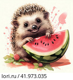 A drawing of a cute hedgehog eating a slice of watermelon,Generative AI. Стоковое AI-изображение, AI-художник Анна Кривицкая / Фотобанк Лори