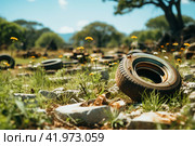 Old rusty tires are dumped among the grass. ,Generative AI. Стоковое AI-изображение, AI-художник Анна Кривицкая / Фотобанк Лори