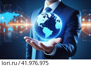 Businessmen hand holding Earth globe. Hand in business suit holding touching glowing blue earth hologram on dark black background. Ai innovative technology concept. Modern tech and metaverse theme. Стоковое AI-изображение, AI-художник Марина Демидюк / Фотобанк Лори