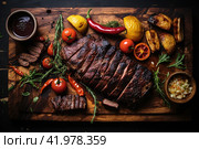 Gaucho cooking the meat on the fire, making the barbecue on the coals, Photos and menus of cafes and restaurants, Magazines. Стоковое AI-изображение, AI-художник Ирина Ручушкина / Фотобанк Лори