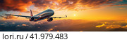 A large intercontinental liner flies above the clouds in the sunset rays. Copy space on the right. A banner for advertising. Стоковое AI-изображение, AI-художник Ярославский Максим / Фотобанк Лори