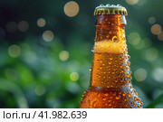 A misted beer bottle on a blurred background. Стоковое AI-изображение, AI-художник Алексей Кузнецов / Фотобанк Лори