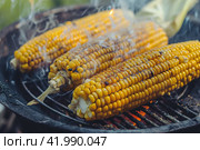 Fresh and delicious grilled corn, Image for menu, cafe, restaurant. Стоковое AI-изображение, AI-художник Ирина Ручушкина / Фотобанк Лори