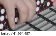 The man checks the condition of the button accordion. Evaluates the compression of the valves. Bayan repair and maintenance. Close-up. Стоковое видео, видеограф Vadzim Yakubovich / Фотобанк Лори