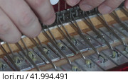 The man checks the condition of the keys and valves. Assesses the compression valve repair and bayan maintenance. Close-up. Стоковое видео, видеограф Vadzim Yakubovich / Фотобанк Лори