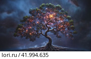Glowing tree against the background of a dark sky. Стоковое AI-видео, аниматор Виктория Кольцова / Фотобанк Лори