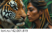 Portrait of an African Woman with a Tiger: The Embodiment of Strength and Beauty. Стоковое AI-видео, аниматор Юрий Поздников / Фотобанк Лори