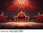 a big top circus tent with red curtain and floor, mythic-art nouveau, baroque chiaroscuro drama. Стоковое AI-изображение, AI-художник Юлия Гапеенко / Фотобанк Лори