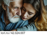 Девушка обнимает пожилого мужчину. Стоковое AI-изображение, AI-художник Щеголева Ольга / Фотобанк Лори