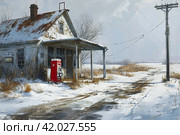 Winter gas station, gray tones, snowy landscap. ,Generative AI. Стоковое AI-изображение, AI-художник Анна Кривицкая / Фотобанк Лори